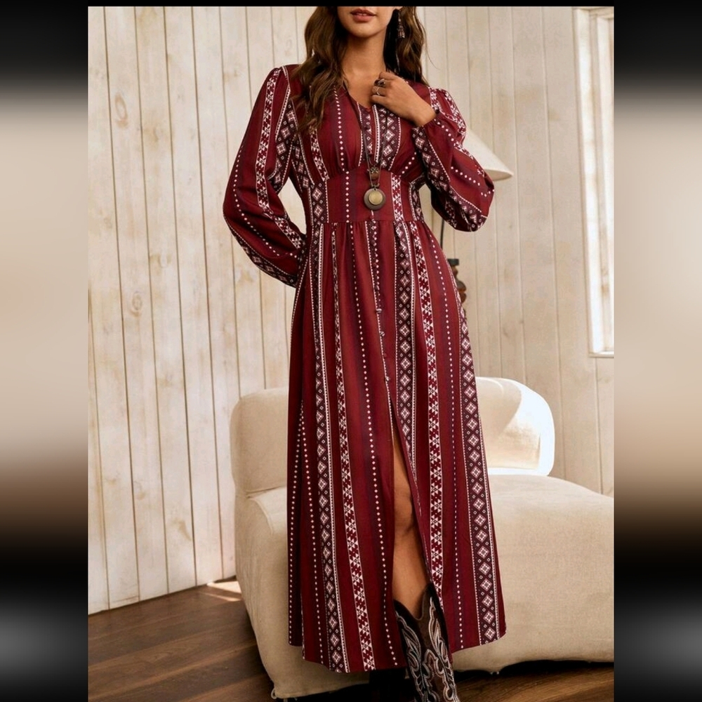 SALE ** BRAND NEW Elegant Southwest Design Burgundy Patterned Dress